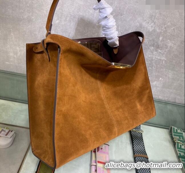 Top Quality Fendi Peekaboo Large Tote Bag in Suede with Strap F8085 Brown 2024