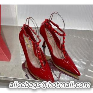 Luxurious Valentino Roman Stud Pumps 10cm with Ankle Strap in Patent Leather Red 0227037