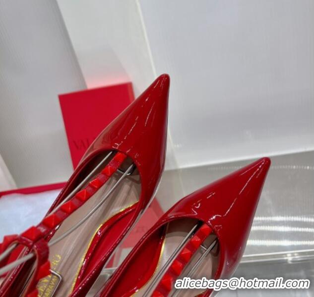 Luxurious Valentino Roman Stud Pumps 10cm with Ankle Strap in Patent Leather Red 0227037