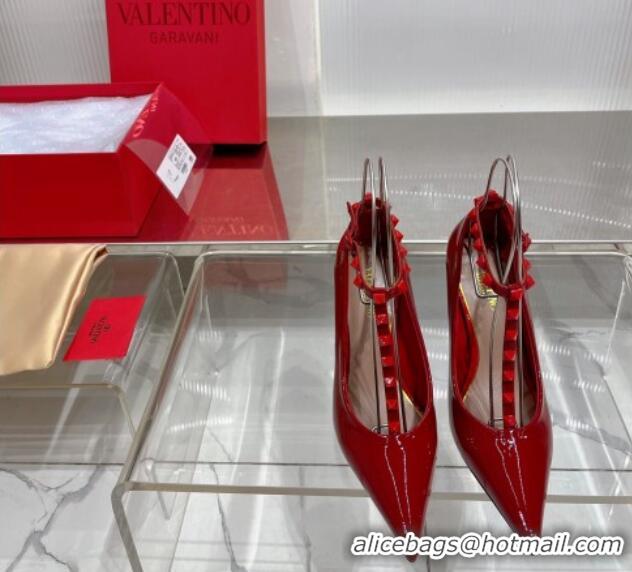 Luxurious Valentino Roman Stud Pumps 10cm with Ankle Strap in Patent Leather Red 0227037