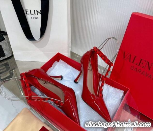 Luxurious Valentino Roman Stud Pumps 10cm with Ankle Strap in Patent Leather Red 0227037