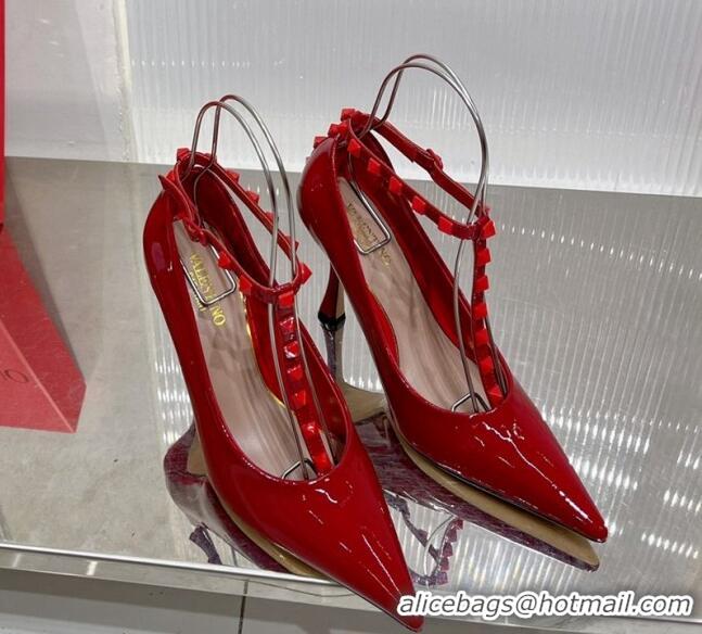 Luxurious Valentino Roman Stud Pumps 10cm with Ankle Strap in Patent Leather Red 0227037