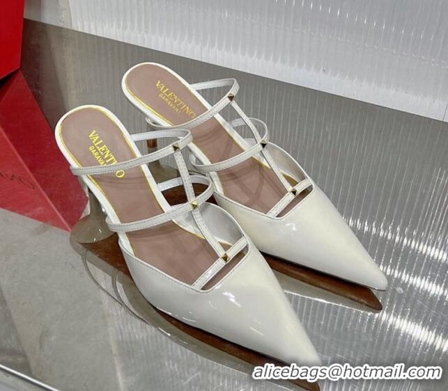 Purchase Valentino Rockstud Wispy Heel Mules 6cm in Patent Leather White 0227043