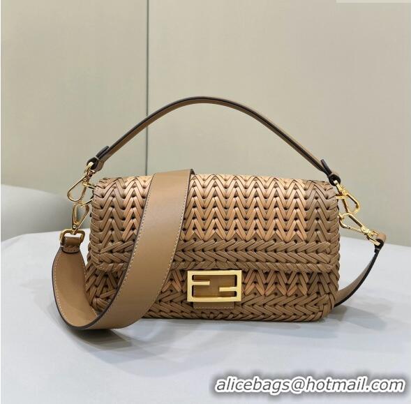 Popular Style Fendi Baguette Medium Bag in Braided Leather Sand 8630 Beige/Brown 2024