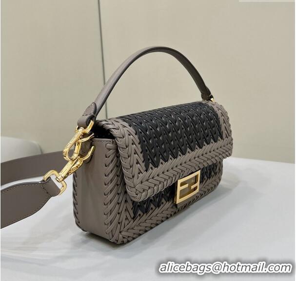 Grade Product Fendi Baguette Medium Bag in Braided Leather 8630 Black/Grey 2024