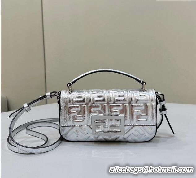 Top Quality Fendi Baguette Bag Phone in FF Lambskin 8620C Silver 2024