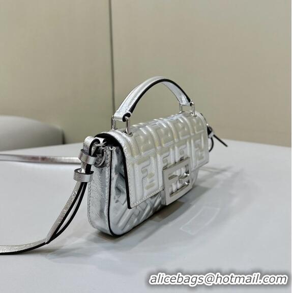 Top Quality Fendi Baguette Bag Phone in FF Lambskin 8620C Silver 2024