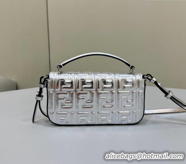 Top Quality Fendi Baguette Bag Phone in FF Lambskin 8620C Silver 2024