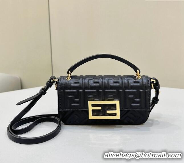 Top Quality Fendi Baguette Bag Phone in FF Lambskin 8620C Black 2024