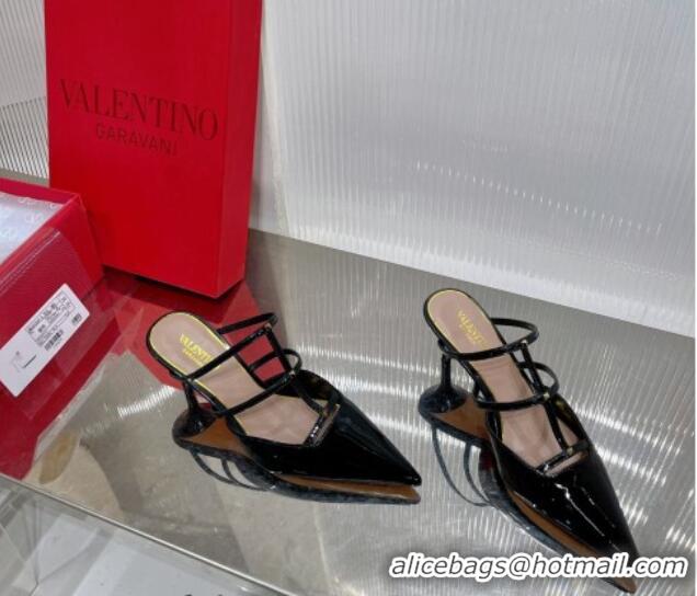 Top Grade Valentino Rockstud Wispy Heel Mules 6cm in Patent Leather Black 0227044