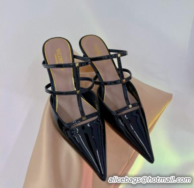 Top Grade Valentino Rockstud Wispy Heel Mules 6cm in Patent Leather Black 0227044