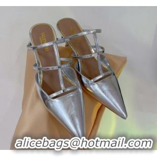 Charming Valentino Rockstud Wispy Heel Mules 6cm in in Glazed Metallic Leather Silver 0227045