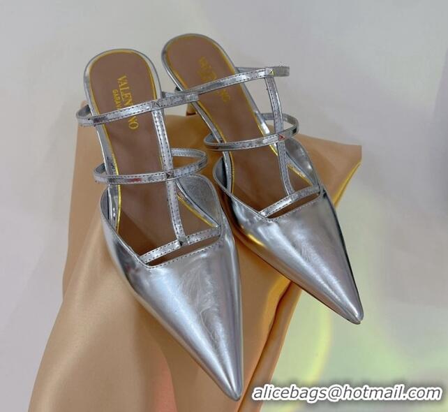 Charming Valentino Rockstud Wispy Heel Mules 6cm in in Glazed Metallic Leather Silver 0227045