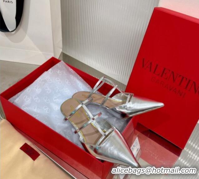 Charming Valentino Rockstud Wispy Heel Mules 6cm in in Glazed Metallic Leather Silver 0227045