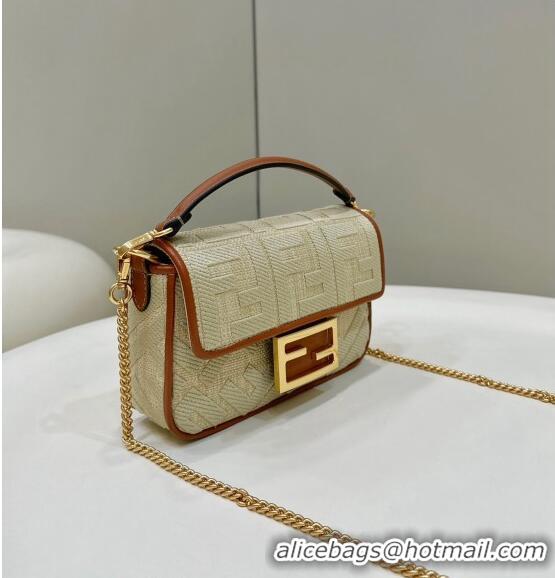 Promotional Fendi Baguette Medium Bag in Natural Straw with FF Embroidery 0159BM Beige 2024