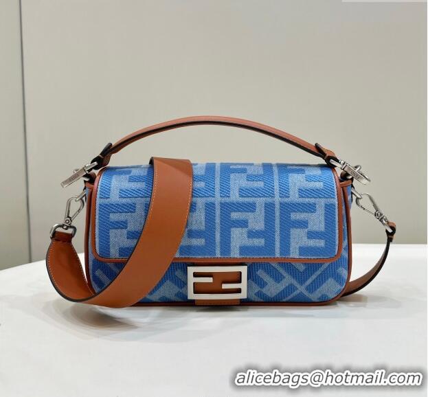 Reasonable Price Fendi Baguette Medium Bag in Denim with FF embroidery F9106 Light Blue 2023