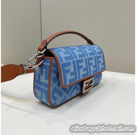 Reasonable Price Fendi Baguette Medium Bag in Denim with FF embroidery F9106 Light Blue 2023