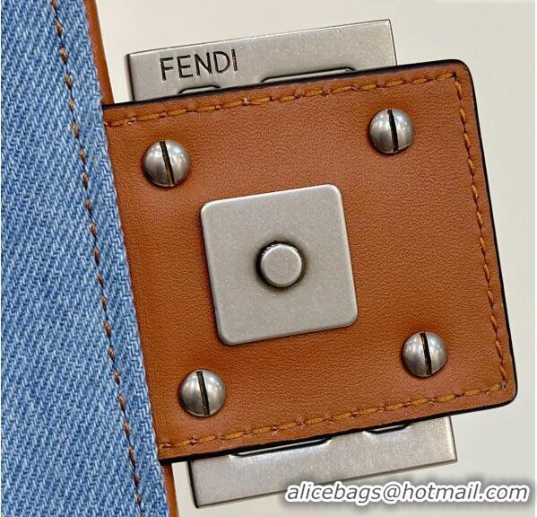 Reasonable Price Fendi Baguette Medium Bag in Denim with FF embroidery F9106 Light Blue 2023