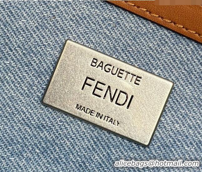 Reasonable Price Fendi Baguette Medium Bag in Denim with FF embroidery F9106 Light Blue 2023