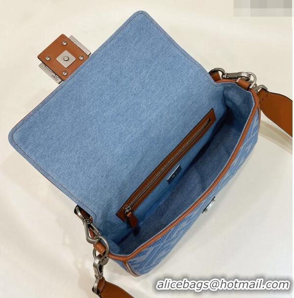 Reasonable Price Fendi Baguette Medium Bag in Denim with FF embroidery F9106 Light Blue 2023