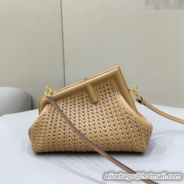 Low Cost Fendi First Small Bag in Interlaced Leather F80156 Light Brown 2024