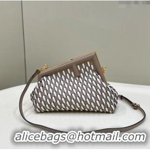 Most Popular Fendi First Small Bag in Interlaced Leather 80103A Dove Grey/White 2024