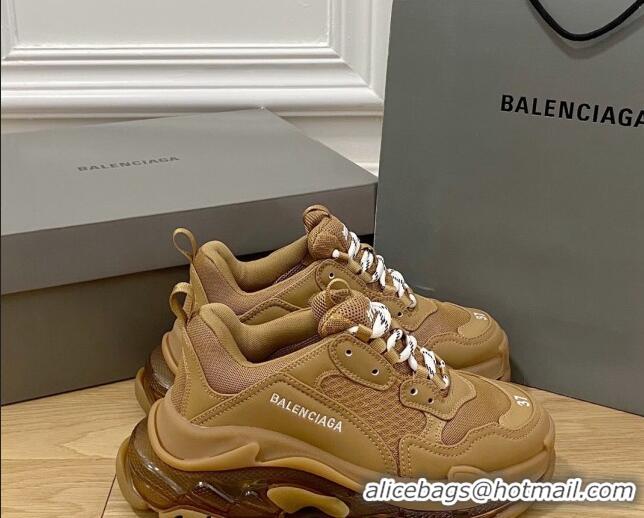 Top Design Balenciaga Triple S Clear Sole Trainers Sneakers in Leather and Mesh Light Brown 0223006