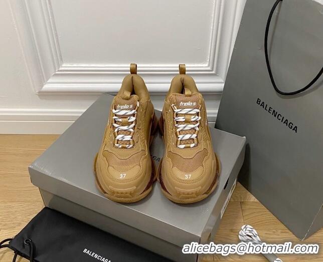 Top Design Balenciaga Triple S Clear Sole Trainers Sneakers in Leather and Mesh Light Brown 0223006