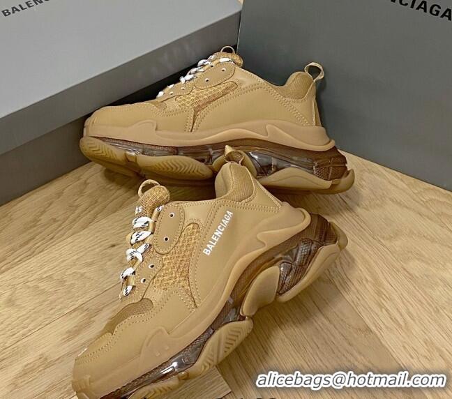 Top Design Balenciaga Triple S Clear Sole Trainers Sneakers in Leather and Mesh Light Brown 0223006