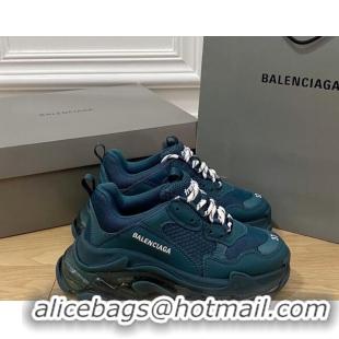 Low Cost Balenciaga Triple S Clear Sole Trainers Sneakers in Leather and Mesh Dark Green 223008