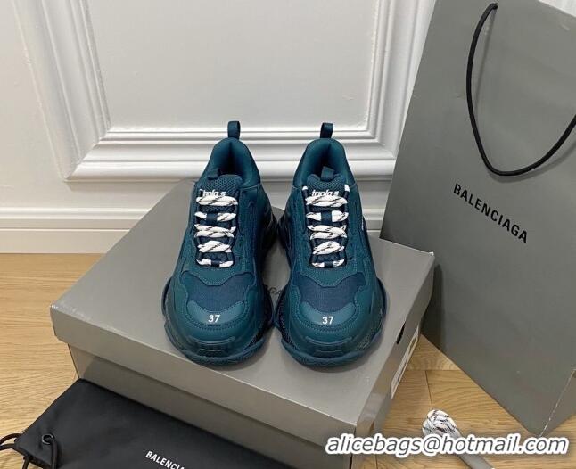 Low Cost Balenciaga Triple S Clear Sole Trainers Sneakers in Leather and Mesh Dark Green 223008