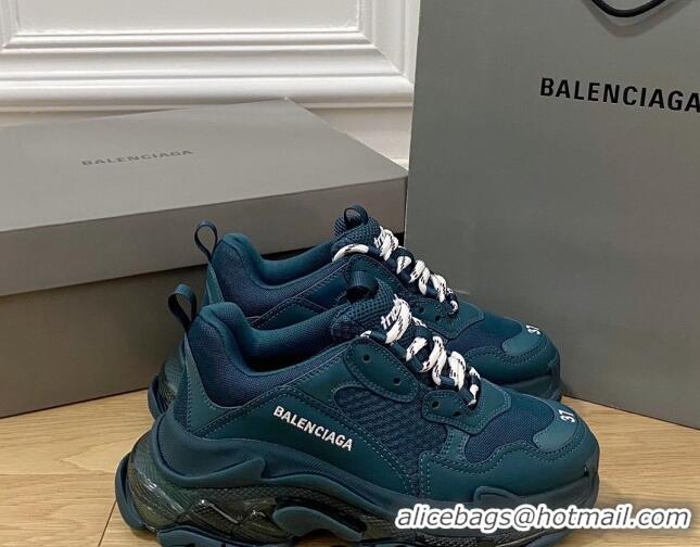 Low Cost Balenciaga Triple S Clear Sole Trainers Sneakers in Leather and Mesh Dark Green 223008