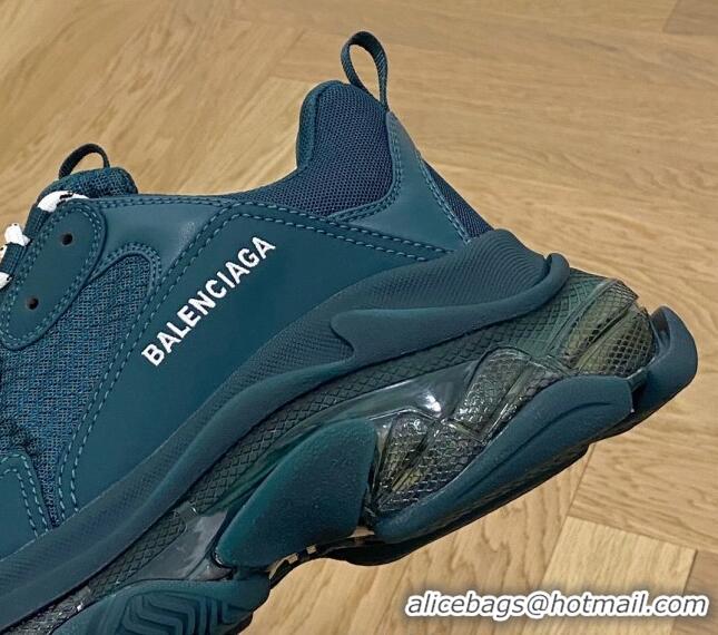 Low Cost Balenciaga Triple S Clear Sole Trainers Sneakers in Leather and Mesh Dark Green 223008