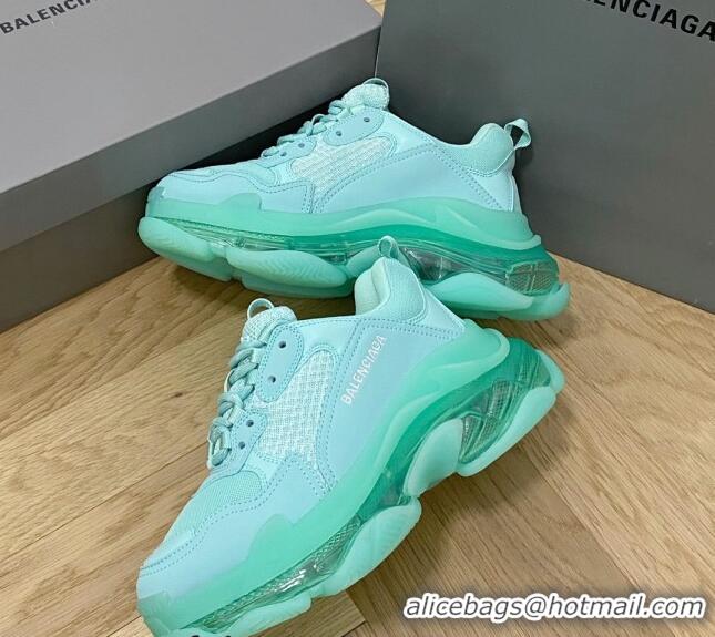 Unique Style Balenciaga Triple S Clear Sole Trainers Sneakers in Leather and Mesh Light Green 223009