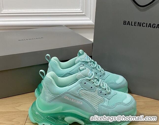 Unique Style Balenciaga Triple S Clear Sole Trainers Sneakers in Leather and Mesh Light Green 223009