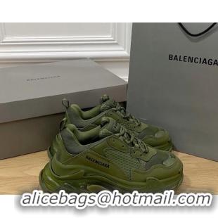 Perfect Balenciaga Triple S Clear Sole Trainers Sneakers in Leather and Mesh Army Green 0223010