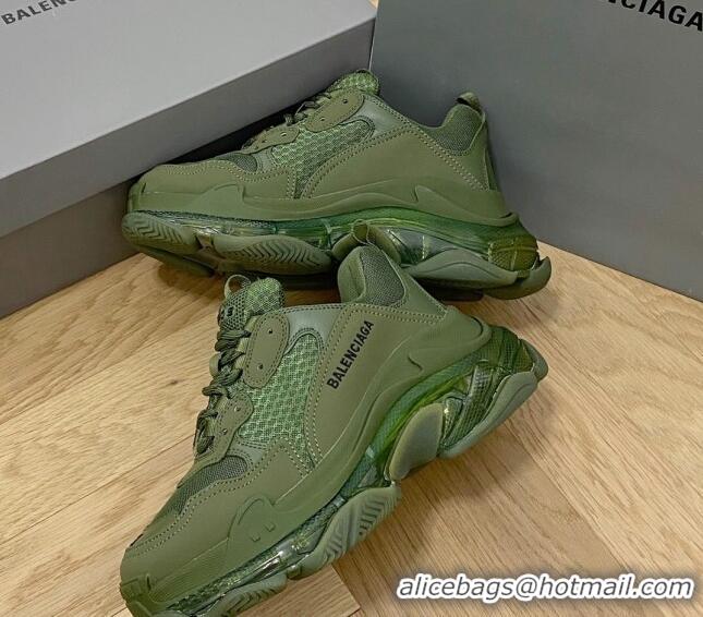 Perfect Balenciaga Triple S Clear Sole Trainers Sneakers in Leather and Mesh Army Green 0223010