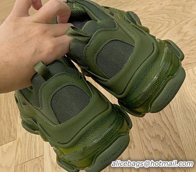 Perfect Balenciaga Triple S Clear Sole Trainers Sneakers in Leather and Mesh Army Green 0223010