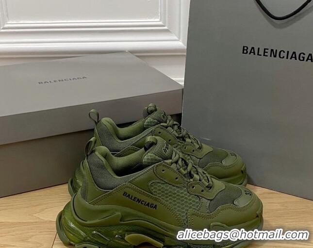 Perfect Balenciaga Triple S Clear Sole Trainers Sneakers in Leather and Mesh Army Green 0223010