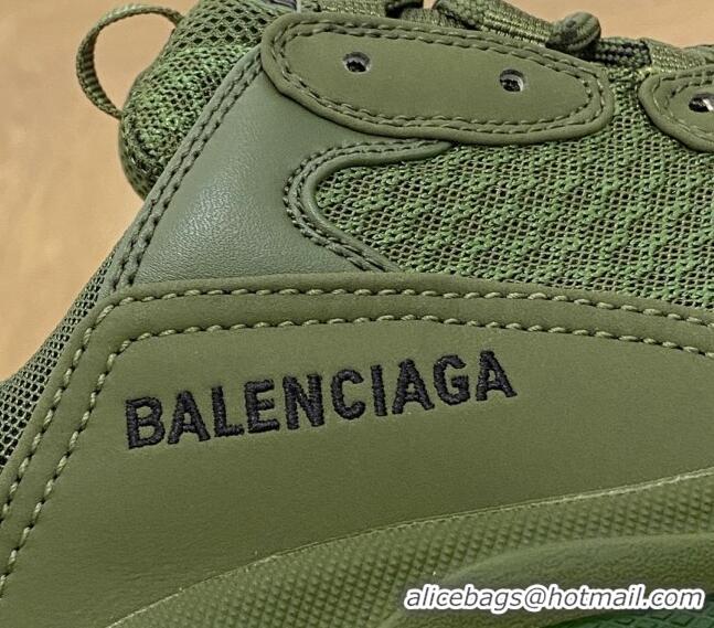 Perfect Balenciaga Triple S Clear Sole Trainers Sneakers in Leather and Mesh Army Green 0223010