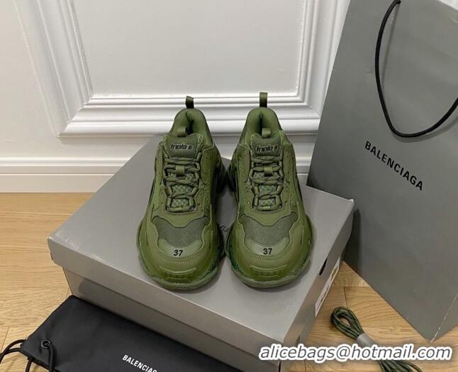 Perfect Balenciaga Triple S Clear Sole Trainers Sneakers in Leather and Mesh Army Green 0223010