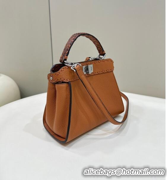 Good Product Fendi Peekaboo Mini Bag with Hand-sewn Topstitches 8615 Brown 2024 Top