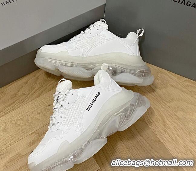 Luxurious Balenciaga Triple S Clear Sole Trainers Sneakers in Leather and Mesh All White 0223013