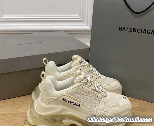 Popular Style Balenciaga Triple S Clear Sole Trainers Sneakers in Leather and Mesh Cream White 223015