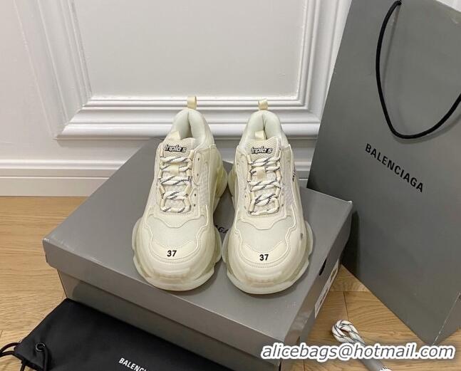 Popular Style Balenciaga Triple S Clear Sole Trainers Sneakers in Leather and Mesh Cream White 223015