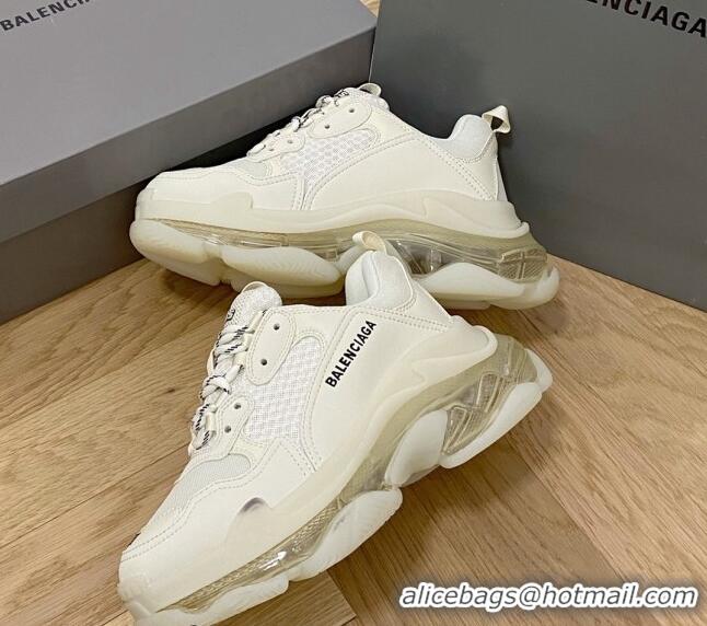 Popular Style Balenciaga Triple S Clear Sole Trainers Sneakers in Leather and Mesh Cream White 223015