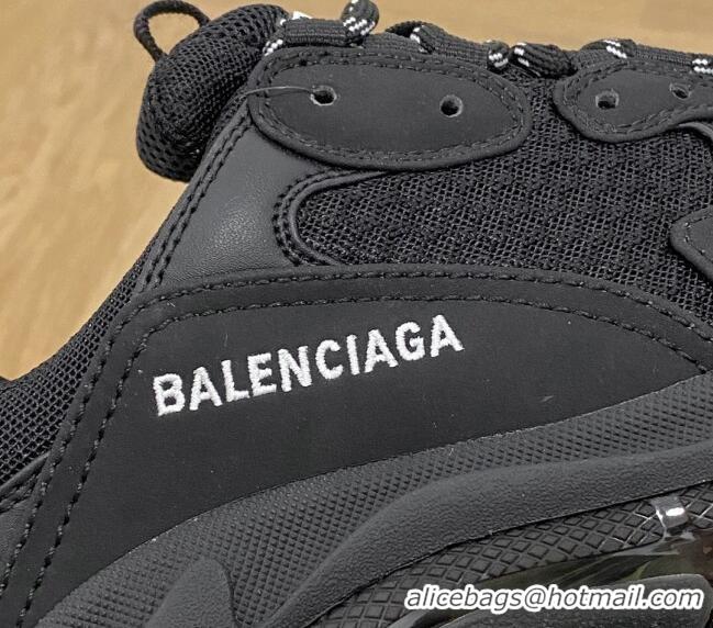 Stylish Balenciaga Triple S Clear Sole Trainers Sneakers in Leather and Mesh All Black 223016