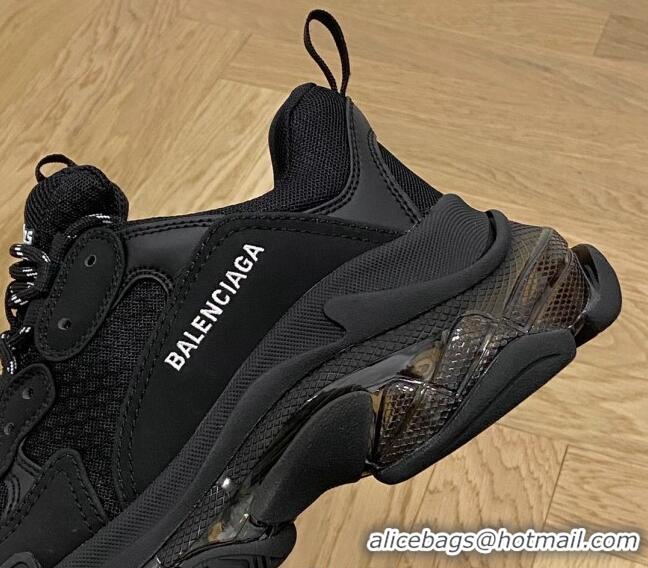 Stylish Balenciaga Triple S Clear Sole Trainers Sneakers in Leather and Mesh All Black 223016