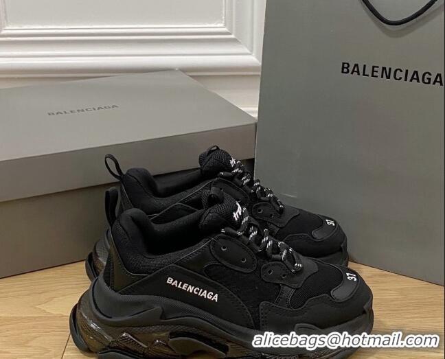 Stylish Balenciaga Triple S Clear Sole Trainers Sneakers in Leather and Mesh All Black 223016