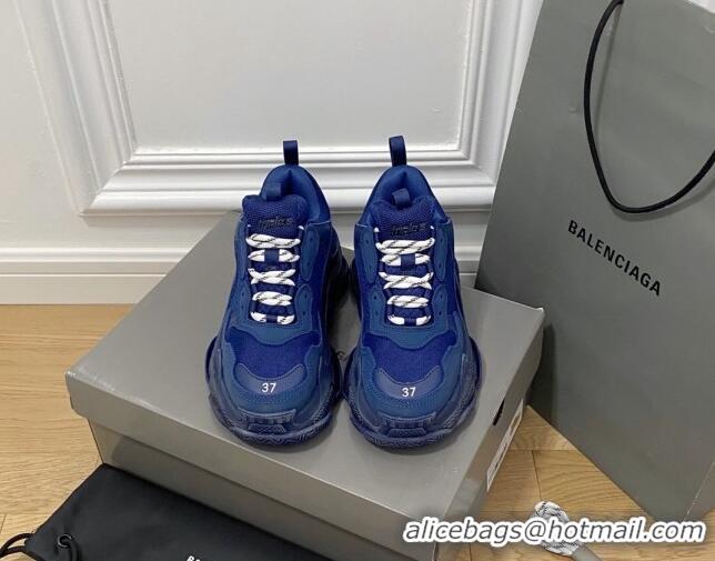 Luxury Cheap Balenciaga Triple S Clear Sole Trainers Sneakers in Leather and Mesh Royal Blue 0223019